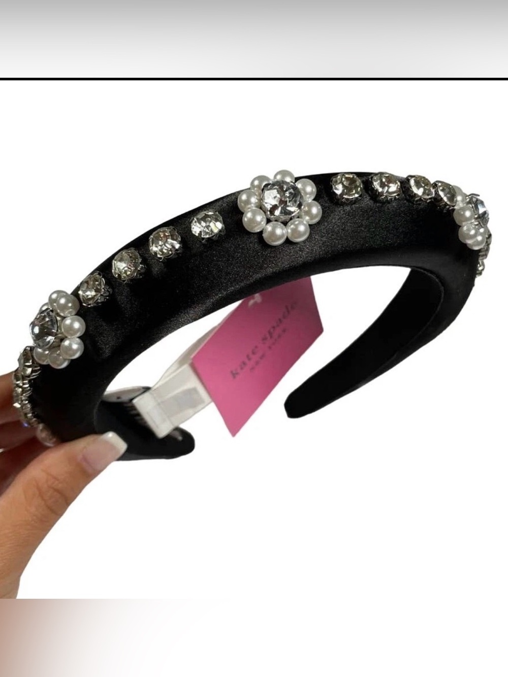 kate spade Black Satin Pearl & Crystal Flower Headband